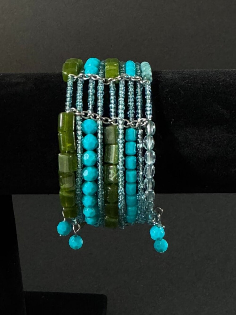 Boho Beaded Wrap Bracelet Coil Memory Wire Blue Olive Green Silver Tone 7-8 In